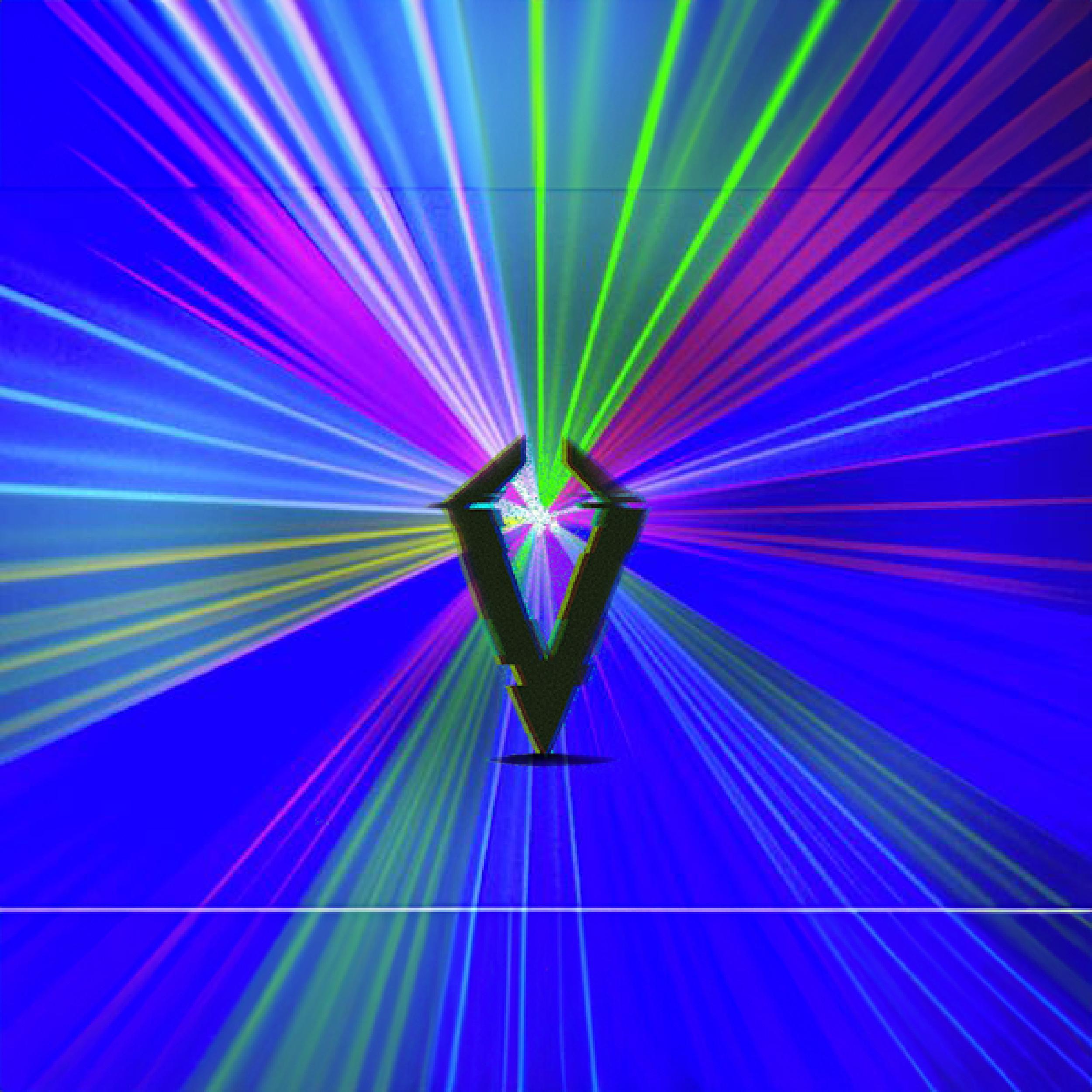 Photo of the laser beams created by the VIRES laser. There is also an alternative VIRES logo in the center of the picture.