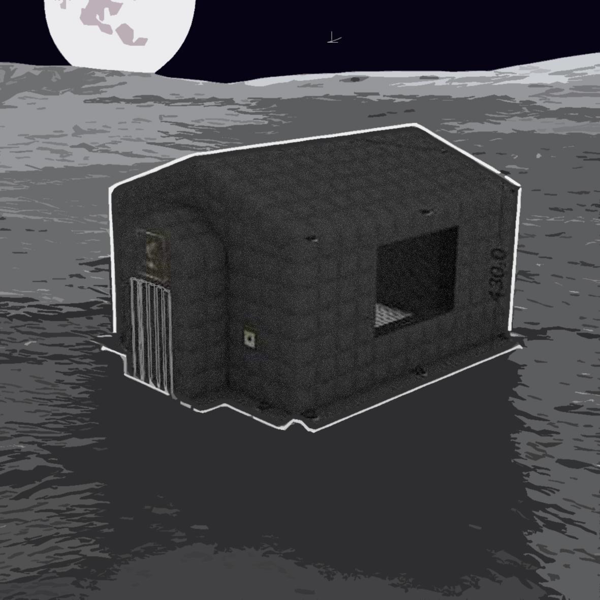 A picture showing a 3D sketch of the VIRES tent on a moon-like surface.